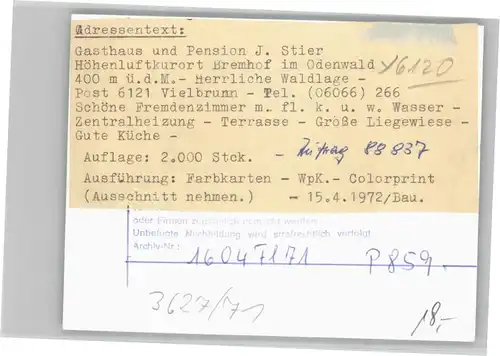 Bremhof Odenwald Fliegeraufnahme Gasthaus Pension J. Stier *