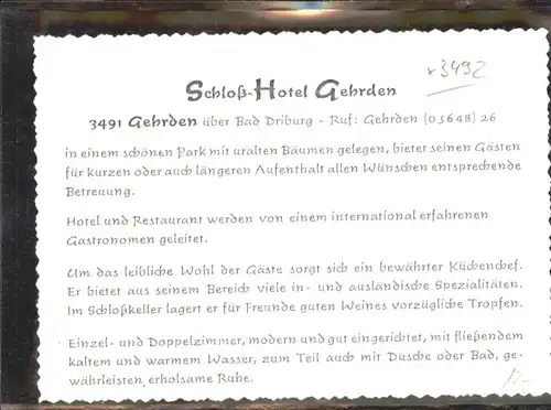 Gehrden Westfalen Schloss-Hotel Werbekarte *