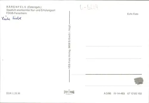 Baerenfels Erzgebirge Kur Erholungsheim FDGB  Kat. Altenberg