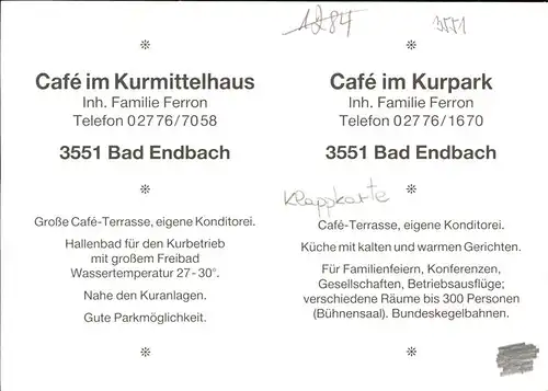 Bad Endbach Cafe im Kurpark Kurmittelhaus Klappkarte Kat. Bad Endbach