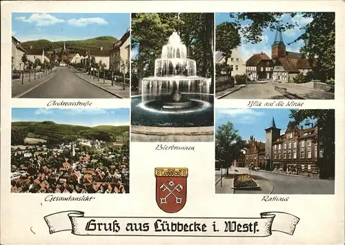 Luebbecke Westfalen Andreasstrasse Bierbrunnen Kirche Rathhaus Stadtwappen / Luebbecke /Minden-Luebbecke LKR