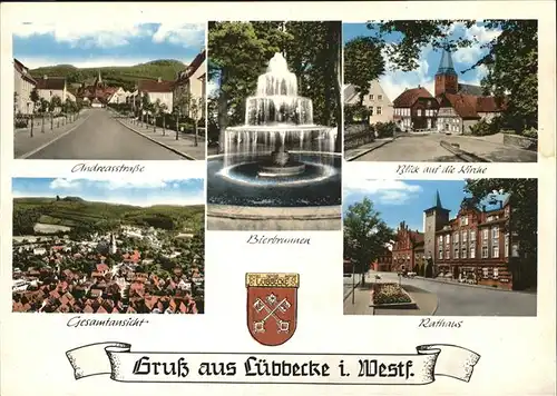 Luebbecke Westfalen Andreasstrasse Bierbrunnen Kirche Rathaus Stadtwappen / Luebbecke /Minden-Luebbecke LKR