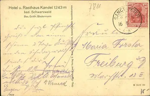 Kandel Waldkirch Breisgau Hotel u. Rasthaus Kandel Bes. Gottfr. Biedermann