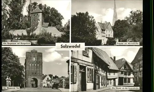 Salzwedel Alte Burgmauer mit Hungerturm Neuperver Tor Alte Haeuser an der Lorenzkirche Propstei mit Marienkirche Kat. Salzwedel