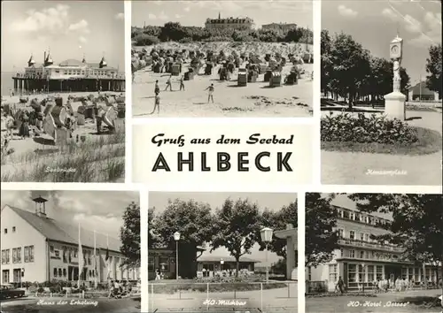 Ahlbeck Seebruecke Strandleben Konzertplatz Haus der Erholung HO Milchbar HO Hotel Ostsee Kat. Heringsdorf