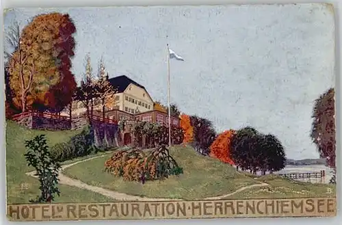 Chiemsee Herrenchiemsee Hotel Restaurant Kuenstlerkarte Feldpost x 1918