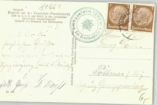 Fischbachau [Stempelabschlag] Kapelle Kesselalm x 1932
