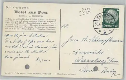 Kreuth Tegernsee Hotel Post Leonhardstein x 1933