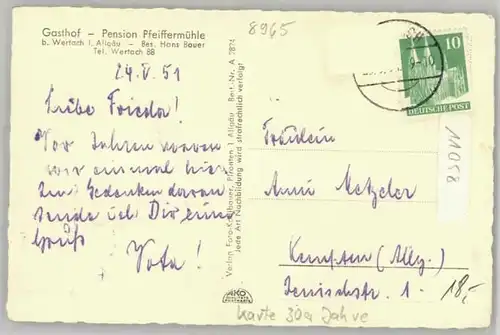 Wertach Gasthof Pension Pfeiffermuehle x 1951