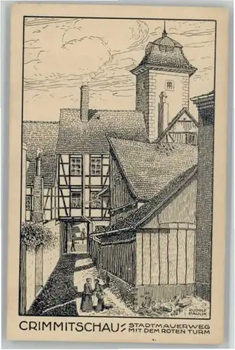 Crimmitschau Kuenstler Rudolf Paulik Stadtmauerweg mit dem roten Turm *