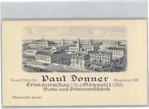 Crimmitschau Crimmitschau Paul Donner Polsterwollfabrik * / Crimmitschau /Zwickau LKR