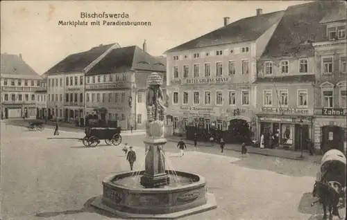 Bischofswerda Marktplatz Paradiesbrunnen Kutsche Hotel Goldene Sonne x
