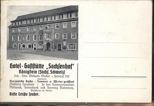Koenigstein Saechsische Schweiz Hotel Gaststaette Sachsenhof Klappkarte Kat. Koenigstein Saechsische Schweiz