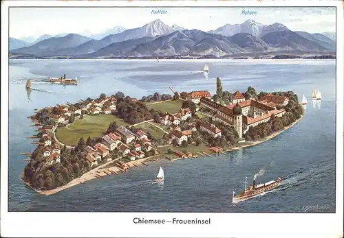 Chiemsee Fraueninsel Schiff Fliegeraufnahme Kuenstler F Bernhard Kat. Chiemsee