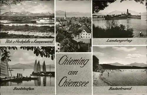 Chieming Chiemsee Badestrand, Landungssteg, Bootshafen, Kampenwand / Chieming /Traunstein LKR