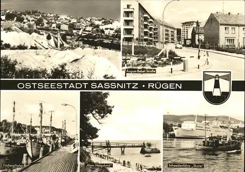 Sassnitz Teilansicht August Bebel Strasse Fischereihafen Klein Helgoland Schwedenfaehre Skane Stadtwappen Kat. Sassnitz