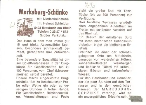 Braubach Rhein Marksburg-Schaenke / Braubach /Rhein-Lahn-Kreis LKR