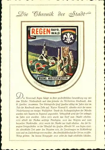 Regen Stadt Wappen Ruine Weissenstein Chronik der Stadt / Regen /Regen LKR