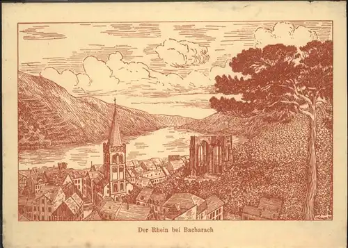 Bacharach Rhein Kuenstlerkarte Federzeichnung Rhein O. Karger / Bacharach /Mainz-Bingen LKR