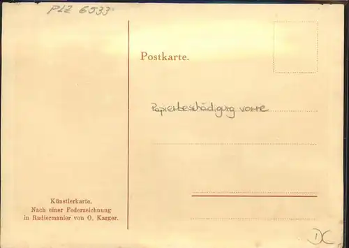 Bacharach Rhein Kuenstlerkarte Federzeichnung Rhein O. Karger / Bacharach /Mainz-Bingen LKR