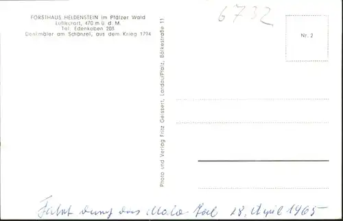 Edenkoben Forsthaus Heldenstein Denkmal Schaenzel Krieg 1794 *