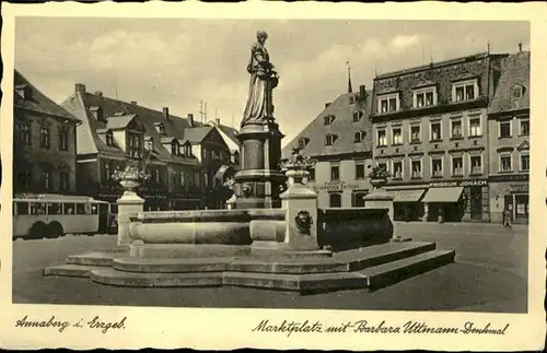 Annaberg-Buchholz Erzgebirge Annaberg Erzgebirge Marktplatz Barbara Uttmann Denkmal Brunnen Friseur Jonach * / Annaberg /Erzgebirgskreis LKR