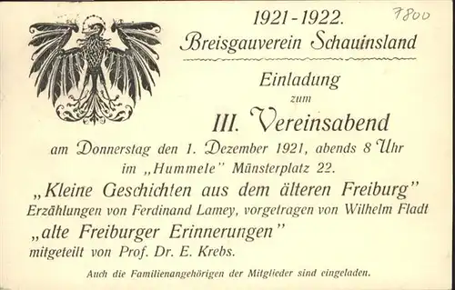 Freiburg Breisgau Breisgauverein Schauinsland
3. Vereinsabend 1921 / Freiburg im Breisgau /Breisgau-Hochschwarzwald LKR