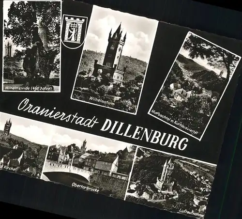Dillenburg Oranienstadt Dillenburg Wilhelmslinde Wilhelmsturm Marbachtal Kurhausviertel Obertorbruecke Luftaufnahme Stadtwappen Kat. Dillenburg