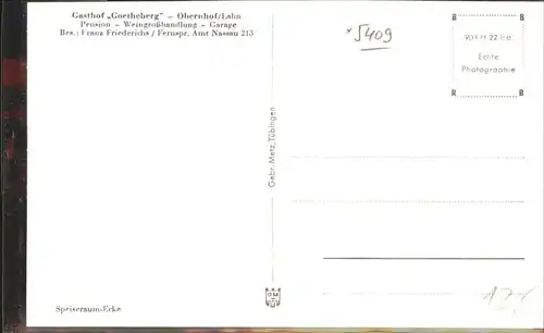 Obernhof Lahn Gasthof Goetheberg Bes. Franz Friederichs Gastraum / Obernhof /Rhein-Lahn-Kreis LKR