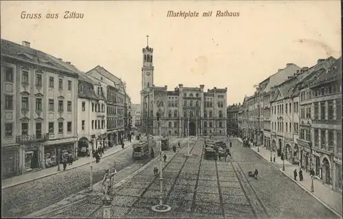 Zittau Marktplatz Rathaus Strassenbahn *