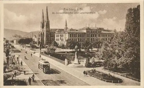 Freiburg Breisgau St. Johanneskirche Lessingschule Strassenbahn