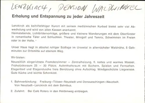 Lenzkirch Pension Waldwinkel [handschriftlich] Kat. Lenzkirch