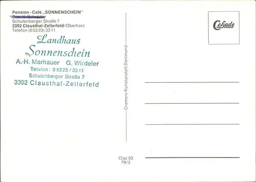 wz37633 Clausthal-Zellerfeld Pension Cafe Sonnenschein Marhauer Wirdeier Winter Schee Kategorie. Clausthal-Zellerfeld Alte Ansichtskarten
