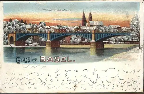 Basel BS Wettsteinbruecke Muenster Winterlitho / Basel /Bz. Basel Stadt City