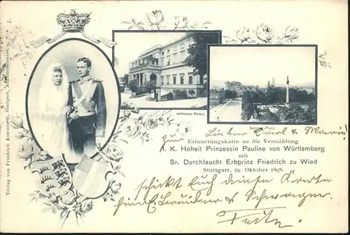 Stuttgart [Stempelabschlag] Erinnerungskarte Vermaehlung Pauline von Wuerttemberg Friedrich zu Wied x