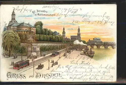 Dresden Dresden Strassenbahn Belvedere Moritzmonument Litho x / Dresden Elbe /Dresden Stadtkreis