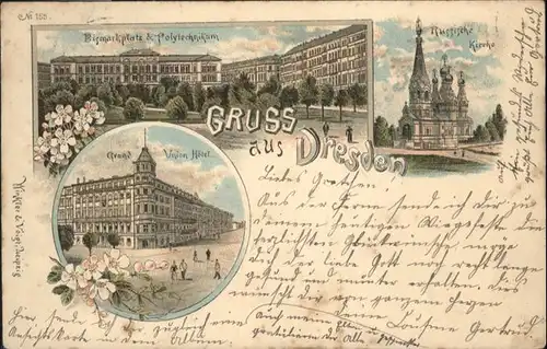 Dresden Dresden Bismarckplatz Polytechnikum Kirche Grand Union Hotel Litho x / Dresden Elbe /Dresden Stadtkreis