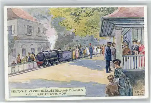 Muenchen Muenchen Deutsche Verkehrsausstellung Liliputbahnhof Kuenstler A. Reich x / Muenchen /Muenchen LKR