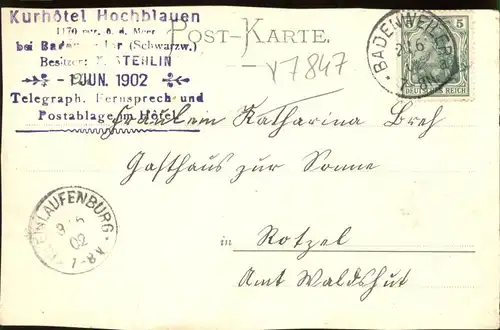 Badenweiler [Stempelabschlag] Kurhaus Hochblauen Thurm Blauen Markgraeflerin x