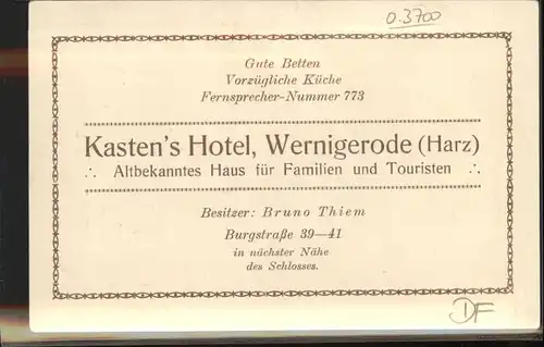 wx44960 Wernigerode Harz Kastens Hotel Kategorie. Wernigerode Alte Ansichtskarten