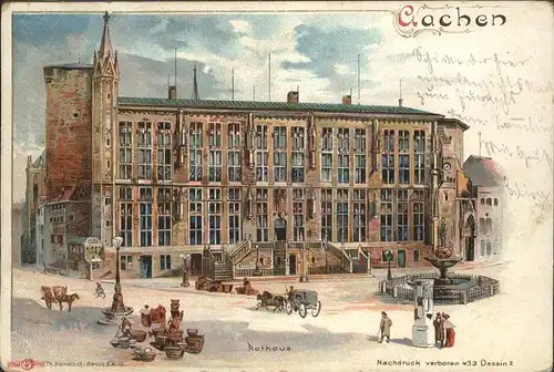 Aachen Rathaus Kutsche Litho