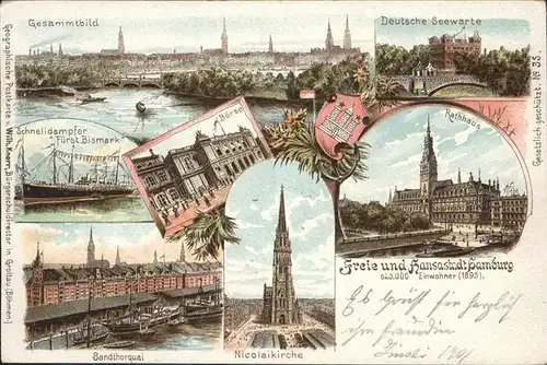 Hamburg Nikolaikirche Schnelldampfer Fuerst Bismark Rathaus Seewarte Wappen