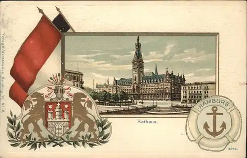 Hamburg Rathaus Wappen Fahnen Praegedruck