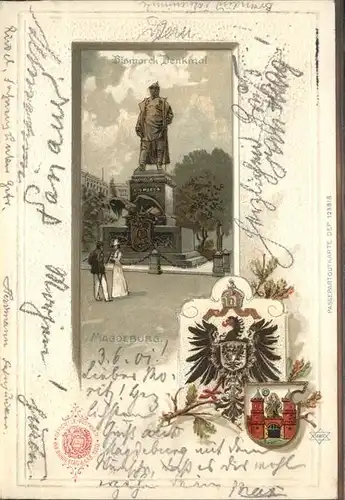 Magdeburg Bismarck Denkmal Stadt Wappen Praegedruck