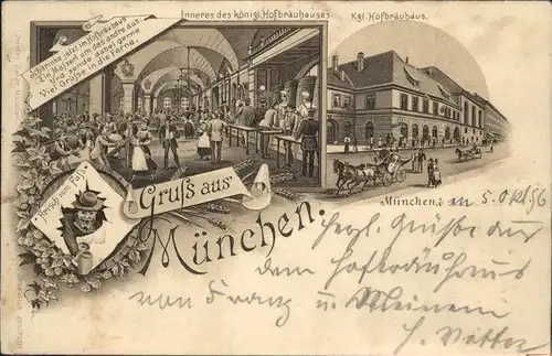 Muenchen Hofbraeuhaus Spruch Frisch v. Fass Pferdekutsche Kat. Muenchen