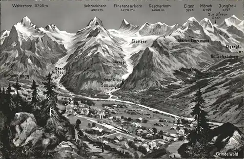 hw04384 Grindelwald Fischerhorn, Schreckhorn, Eismeer, Wetterhorn, Jungfrau Kategorie. Grindelwald Alte Ansichtskarten