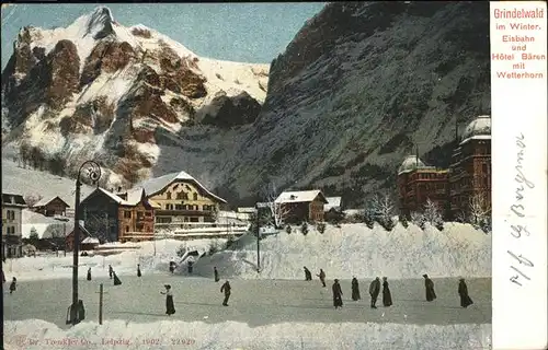 hw04881 Grindelwald Winter, Eisbahn, Hotel Baeren, Wetterhorn Kategorie. Grindelwald Alte Ansichtskarten