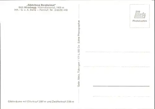 wu82461 Hirschegg Kleinwalsertal Vorarlberg Hirschegg Kleinwalsertal Gaestehaus Bergheimat * Kategorie. Mittelberg Alte Ansichtskarten