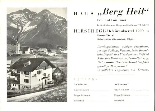 wu83042 Hirschegg Kleinwalsertal Vorarlberg Hirschegg Kleinwalsertal Haus Berg Heil * Kategorie. Mittelberg Alte Ansichtskarten