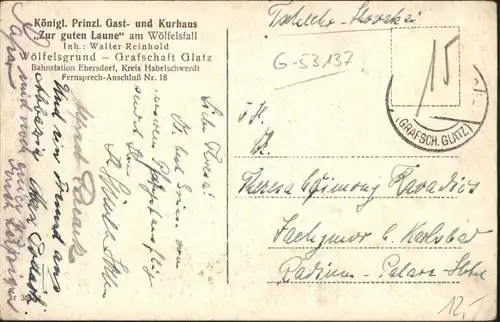 Woelfelsgrund Grafschaft Glatz Gasthaus Kurhaus zur guten Laune x